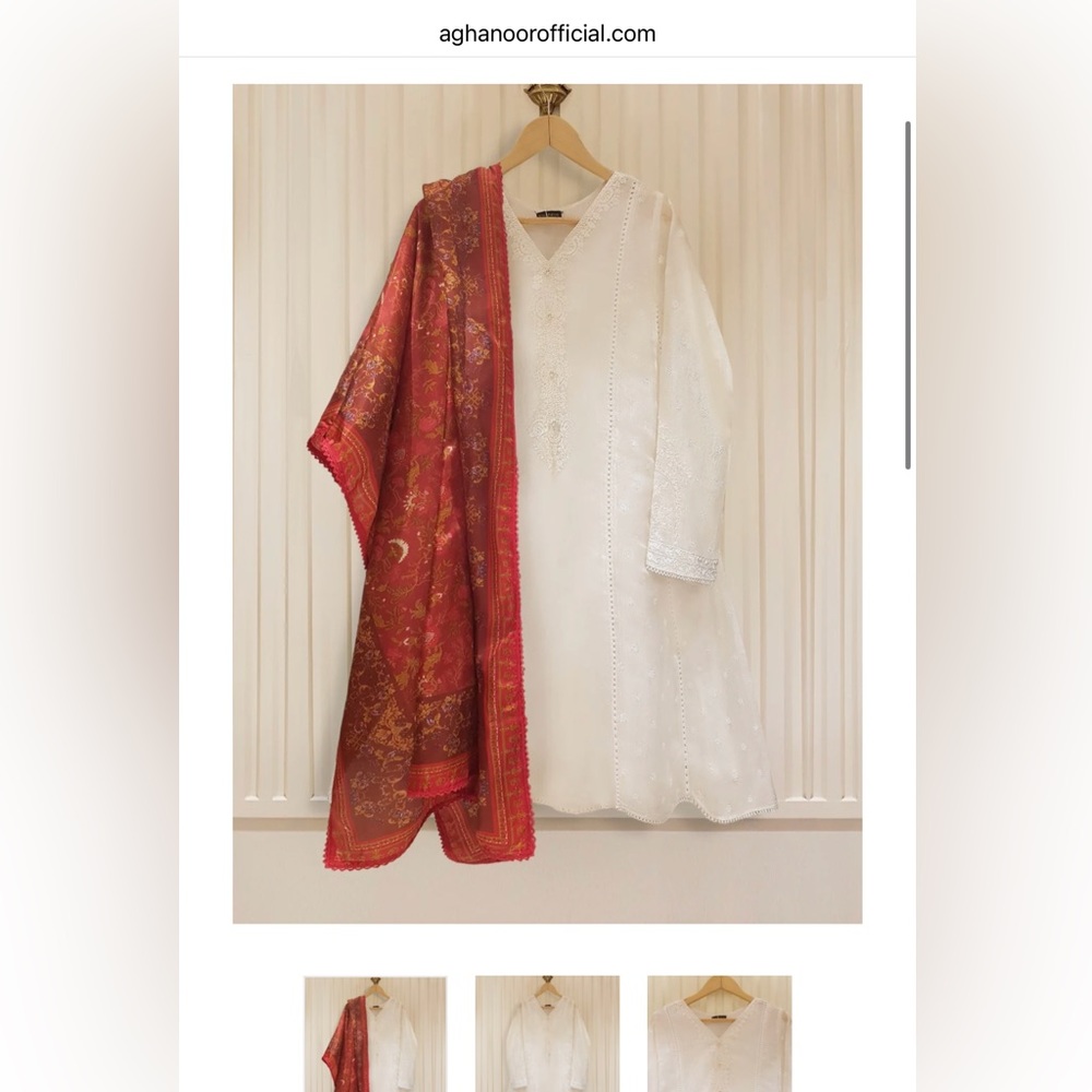 Agha noor white two piece cotton net frock with silk duppata